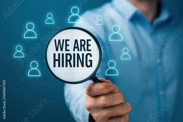 Fototapeta A person holds a magnifying glass highlighting the message "we are hiring" surrounded by translucent people icons, conveying a recruitment concept.