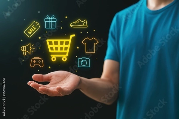 Fototapeta A hand holds glowing shopping icons, showcasing online retail concepts.