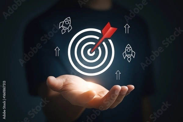 Fototapeta A target, arrows, and rockets, illuminated in a hand, symbolizing focused growth and achievement.