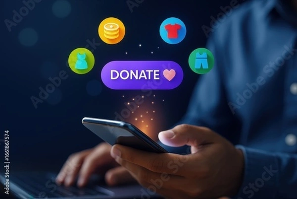 Fototapeta Hands holding a phone with a virtual donate button and various donation icons displayed, highlighting online giving options.