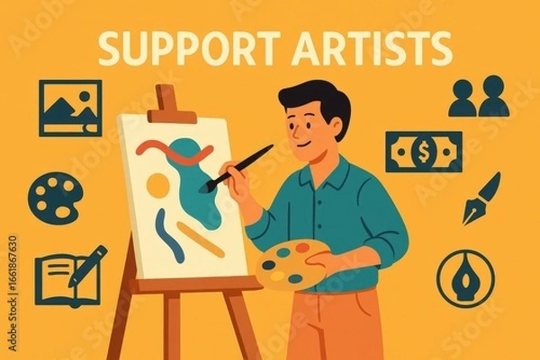 Fototapeta A person paints a colorful abstract piece on an easel, surrounded by art-related icons, promoting support for artists.