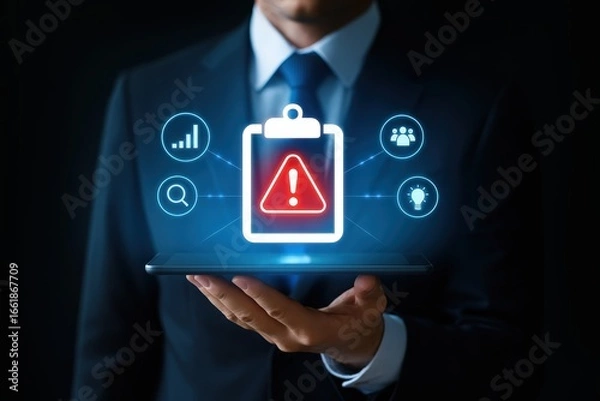 Fototapeta A business professional holds a tablet displaying a digital clipboard with a red warning symbol, accompanied by interconnected icons, highlighting potential issues and requiring attention.