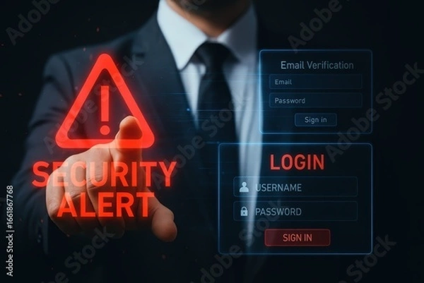 Fototapeta A businessman's hand points to a security alert overlaying a digital login screen, displaying a critical warning.
