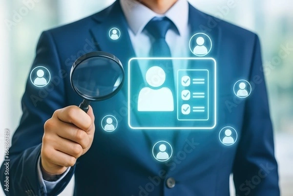 Fototapeta A person in a business suit examines a digital profile using a magnifying glass, highlighting a concept of detailed personnel evaluation.