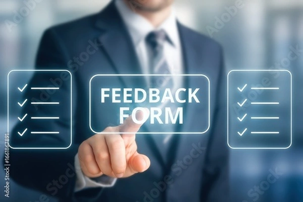 Fototapeta A businessperson's hand interacts with a digital feedback form on a touch screen, highlighting modern business communication.