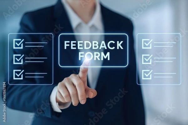 Fototapeta A person in a business suit interacts with a glowing feedback form interface, highlighting digital checklist elements.