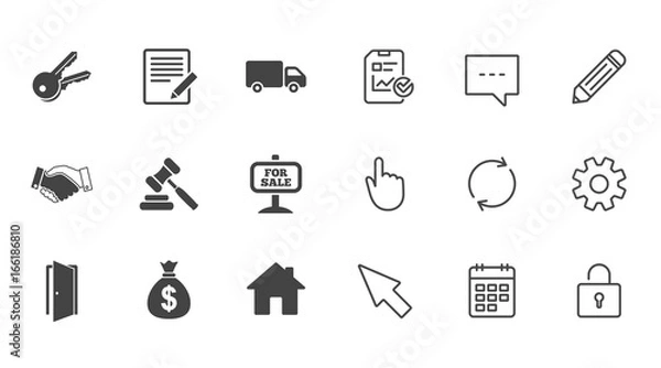 Fototapeta Real estate, auction icons. Handshake, for sale and money bag signs. Keys, delivery truck and door symbols. Chat, Report and Calendar line signs. Service, Pencil and Locker icons. Vector