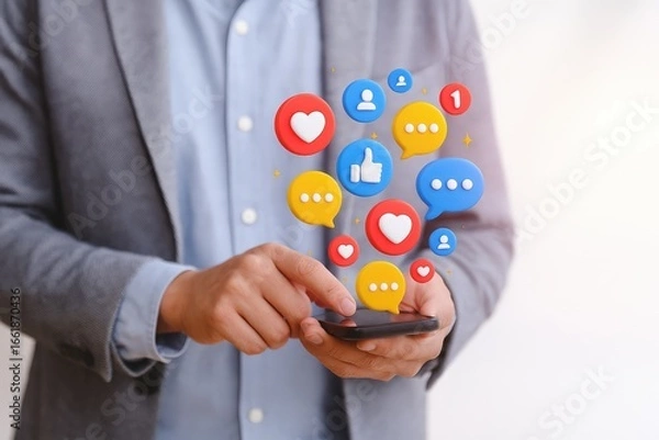 Fototapeta A person interacts with a smartphone, displaying social media engagement indicators like likes and comments in a vibrant, digital overlay.