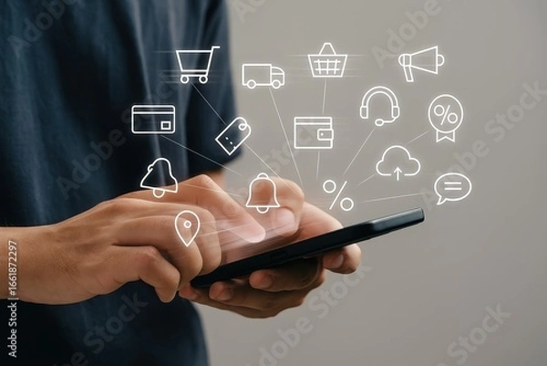 Fototapeta A person interacts with a smartphone displaying a network of digital commerce icons, showcasing a modern mobile shopping experience.