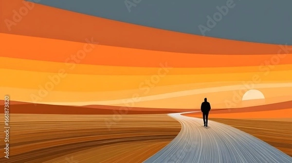 Obraz Silhouette of a Person Walking Alone on a Peaceful Pathway at Sunset Over a Scenic Horizon