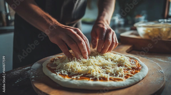 Obraz Top view of chef hands adding mozzarella cheese on pizza base on the table in kitchen