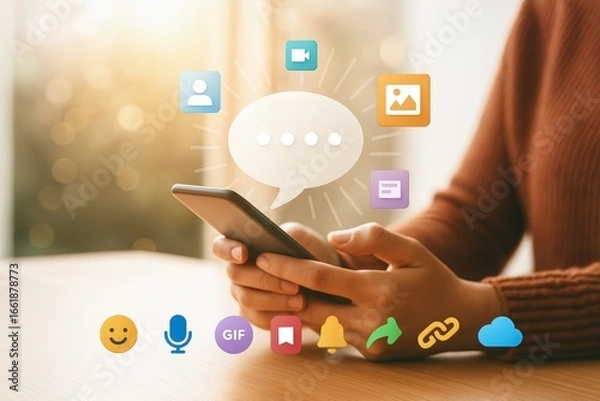 Fototapeta A close-up view of hands holding a smartphone, surrounded by social media icons, depicting a modern communication concept.