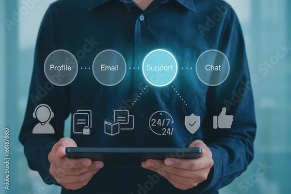 Fototapeta A person holds a tablet displaying a graphic interface for multiple customer support options, including profile, email, support, and chat, with 24/7 availability indicated.