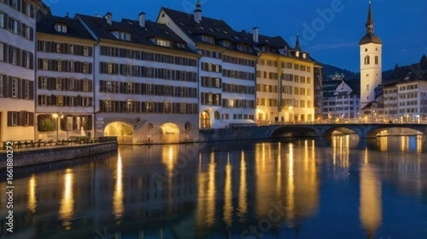 Fototapeta Twilight Serenity: Golden Lights of Lucerne's Old Town Reflecting on the River Reuss.