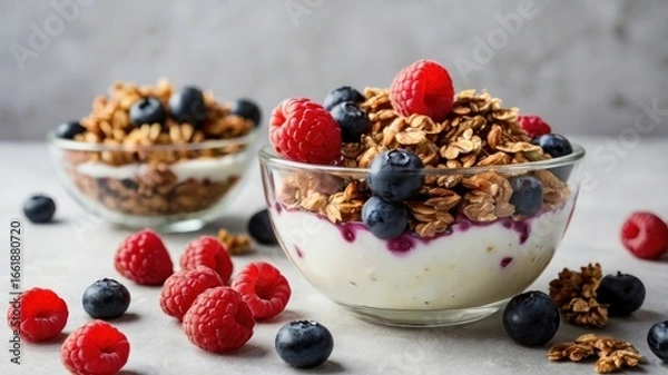 Fototapeta Two Glass Bowls of Layered Yogurt Parfait with Crunchy Granola, Fresh Raspberries, and Blueberries.