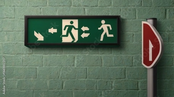 Fototapeta Urgent Guidance: Illuminated Exit Sign with Multiple Pictograms on a Textured Green Brick Wall