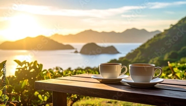 Fototapeta Two Cups of Coffee Overlooking Ocean at Sunset