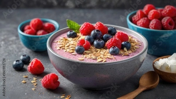 Fototapeta Vibrant Berry Smoothie Bowl with Fresh Raspberries, Blueberries, and Oats on a Rustic Slate Background