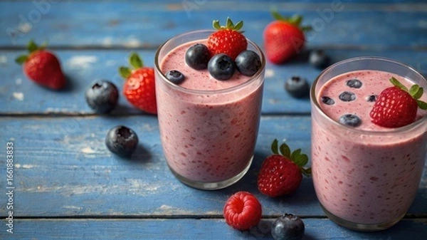 Fototapeta Vibrant Berry Smoothies with Fresh Fruit Garnish on a Rustic Distressed Blue Wood Table.