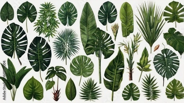 Fototapeta Vibrant Botanical Collection of Diverse Tropical Leaves Isolated on a White Background