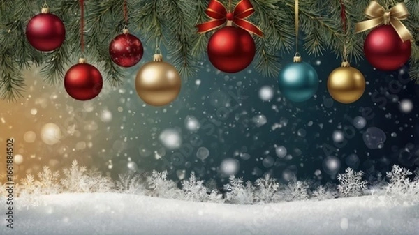 Fototapeta Vibrant Christmas Baubles on Pine Boughs Over a Magical Snowy Landscape with Bokeh Lights.
