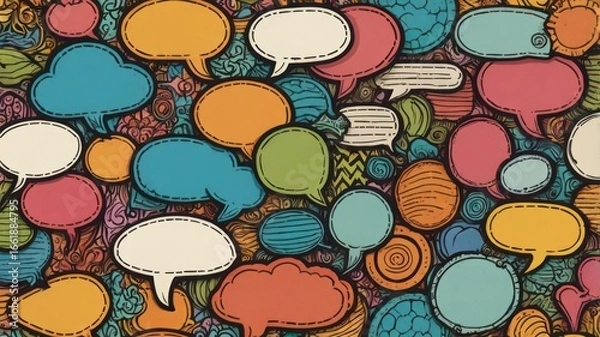 Fototapeta Vibrant Collage of Colorful, Hand-Drawn Speech Bubbles on a Textured Doodle Background