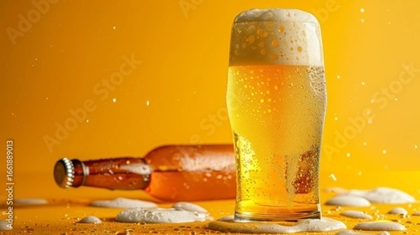 Fototapeta Amber beer mockup featuring pint glass and bottle for creative marketing and design projects