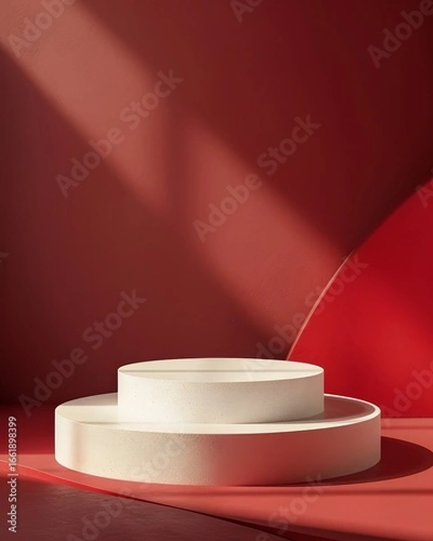 Fototapeta red podium on rectangular background. Conceptual banner for holidays. Pedestal for displaying good.