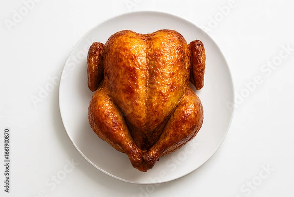 Fototapeta whole golden roasted chicken with potatoes served on plate brown meat tender baked dinner meal juicy oil ready grilled drumstick turkey delicious isolated white background roasted top front view angle