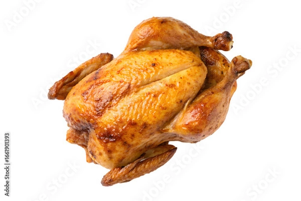 Fototapeta whole golden roasted chicken with potatoes served on plate brown meat tender baked dinner meal juicy oil ready grilled drumstick turkey delicious isolated white background roasted top front view angle