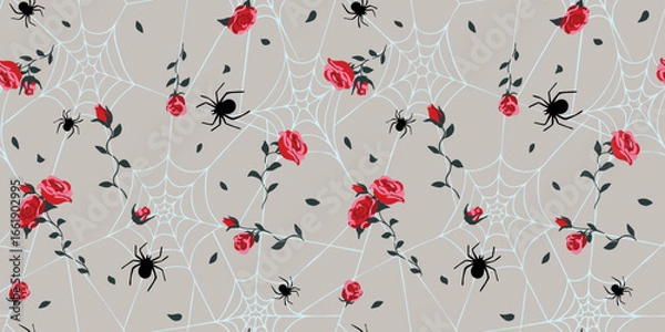 Fototapeta Seamless halloween pattern with spiderwebs, red roses and spiders