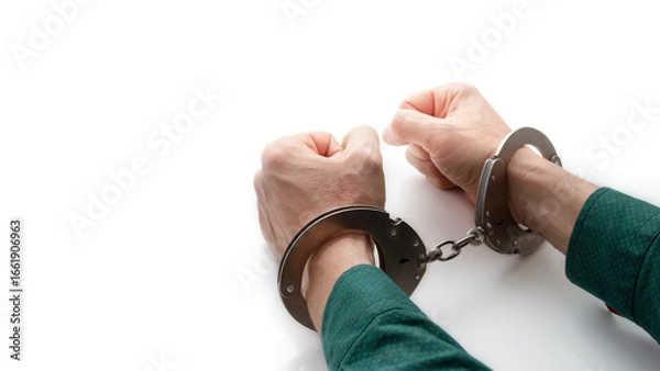 Obraz handcuffed hands on isolated white, closeup with copy space
