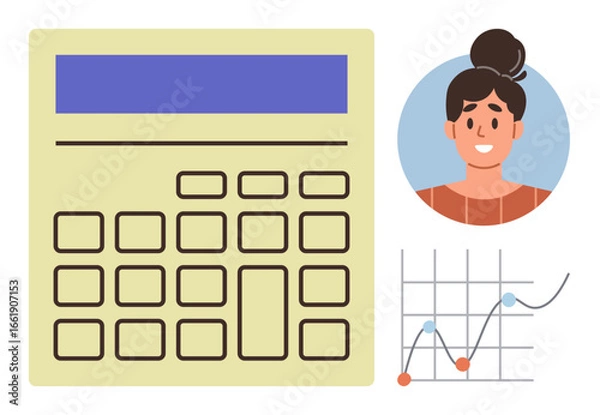 Fototapeta Calculator keypad, data line graph, and a professional portrait emphasize analytics, problem-solving, planning, statistics, financial calculation, data visualization and teamwork. Simple flat