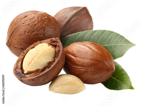 Fototapeta Macadamia Nuts with Shells and Kernels Close Up Studio Shot Isolated on Black Background Perfect for Healthy Eating