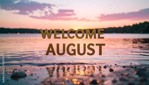 Fototapeta Welcome August Text Over Lake at Sunset Reflecting Light