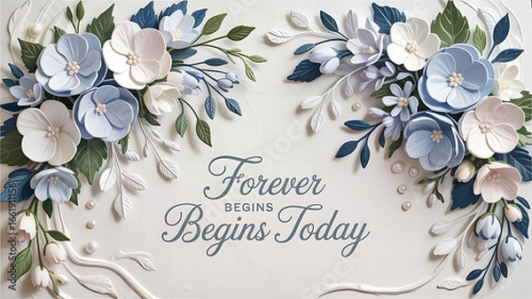 Fototapeta Elegant Wedding Invitation Background with 3D Flowers and "Forever Begins Today" Quote.