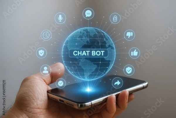 Fototapeta A hand holds a smartphone displaying a digital representation of a globe with the words "chat bot" highlighted, surrounded by various technology icons.