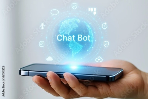 Fototapeta Holographic chat bot interface displayed on a modern smartphone, showcasing a digital globe graphic and various application icons.