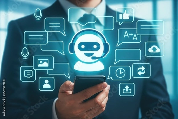 Fototapeta A modern business professional interacts with a digital virtual assistant on a smartphone, showcasing a futuristic concept of communication and support.