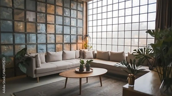 Fototapeta Modern Living Room with Corner Sofa and Grid Window against Grunge Stone Panel Wall...