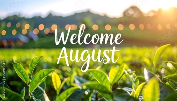 Fototapeta Welcoming August in a Green Tea Field at Sunset