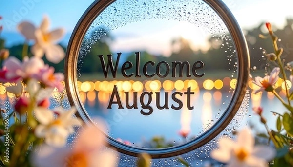 Fototapeta Welcoming August Message with Flowers and Bokeh Lights