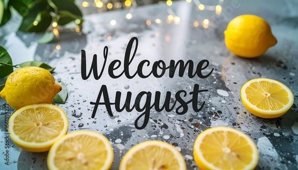 Fototapeta Welcoming August with Fresh Lemons on Wet Surface