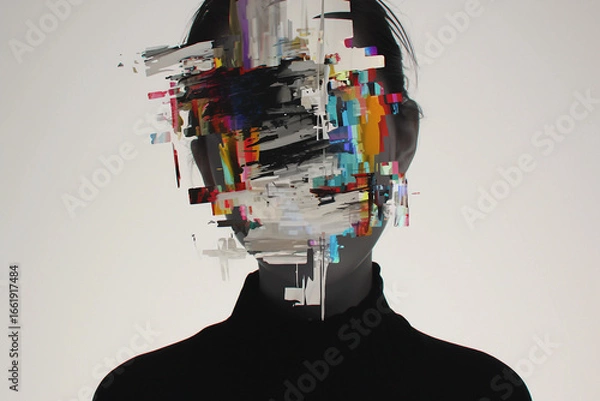 Fototapeta Abstract Digital Collage of a Man’s Face with Glitch Art Effects, Generative AI