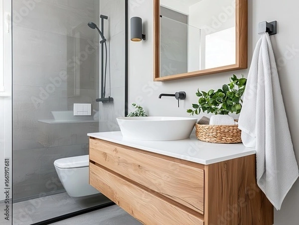 Obraz Retromodern bathroom with floating vanity and smart storage, midcentury minimalism