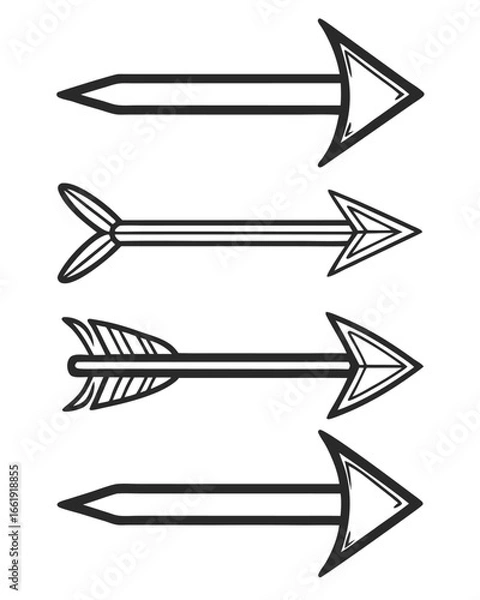 Fototapeta Four Hand Drawn Arrow Icons with Different Feather Designs on White Background drawing sketch