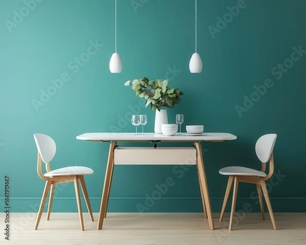 Obraz Dining space with foldable table and clean cabinetry, retro modern practicality