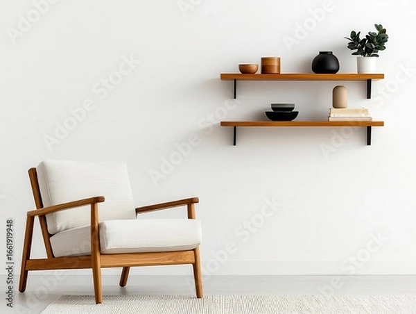 Obraz Functional interior with teak wood furniture and open shelving, midcentury clean style