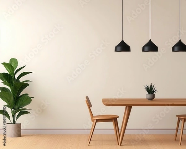 Obraz Functional dining area with sleek wooden table and pendant lighting, midcentury modern vibe
