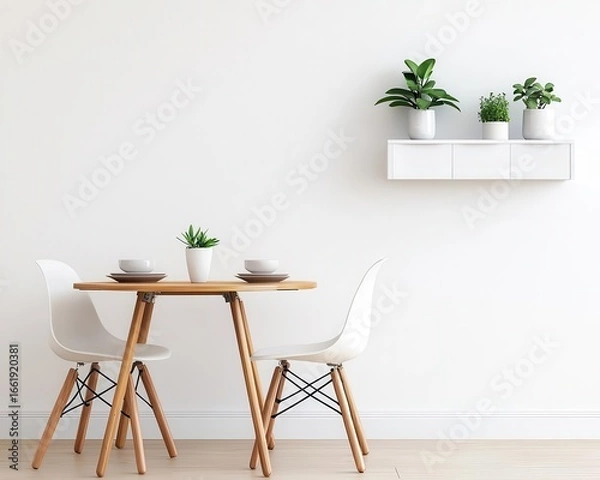 Obraz Dining space with foldable table and clean cabinetry, retro modern practicality